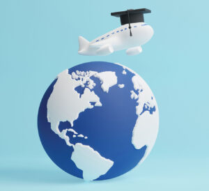 Study abroad concept design of plane with graduation cap and world on sky blue background